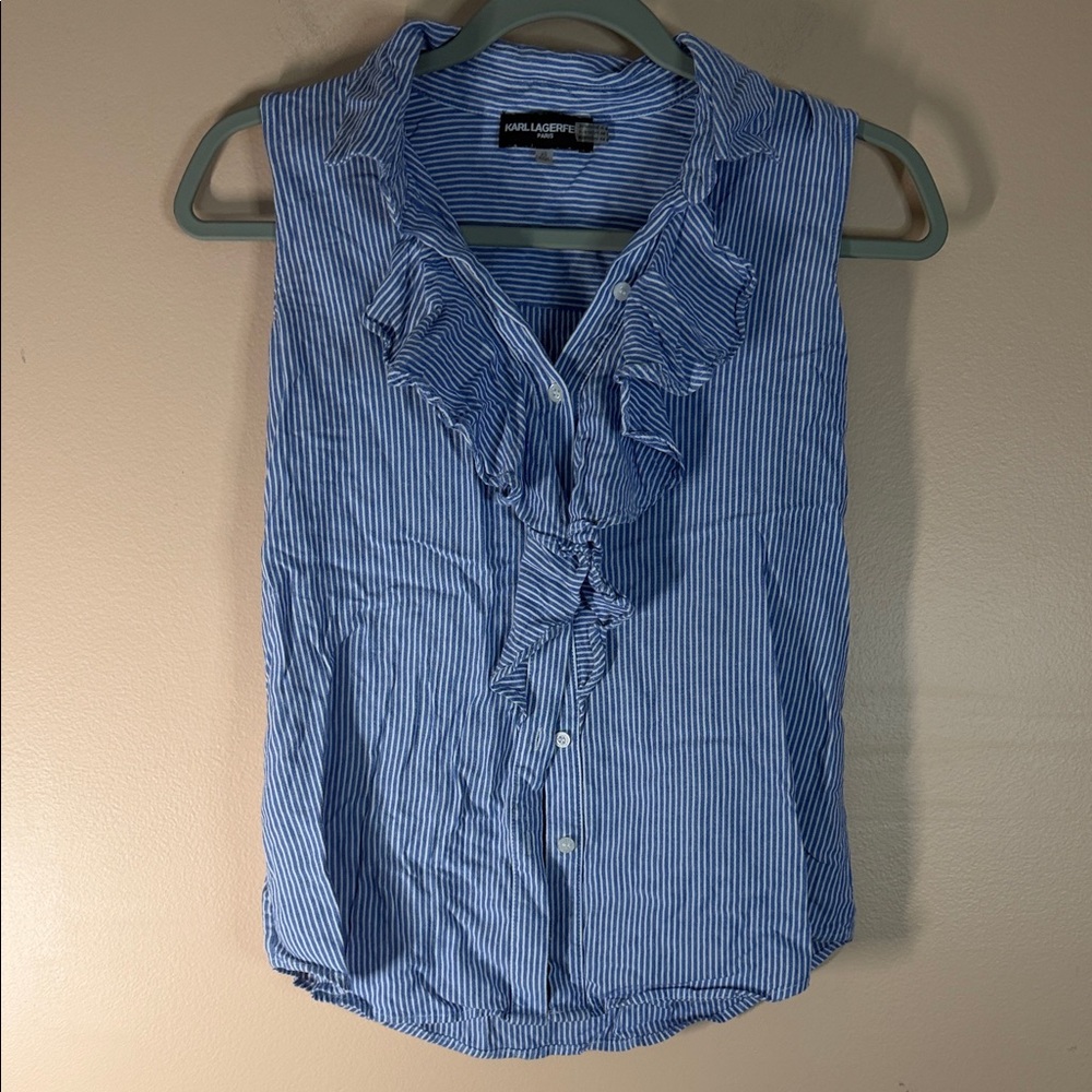 Karl Lagerfeld Blue & White Striped Ruffle Sleeveless Blouse